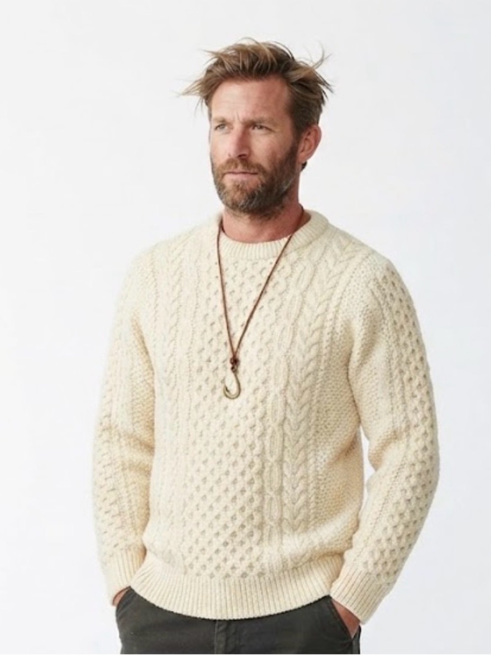 Vintage L.L. Bean Made In Ireland 100% Wool Cable Knit Fisherman Sweater L-Reg